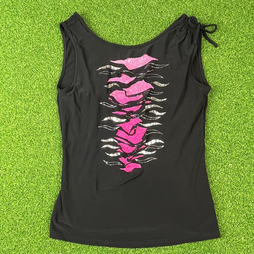 Bui Yah Kah Black Tank Top Pink Lace Graphic Y2K Fitted Vintage Womens S